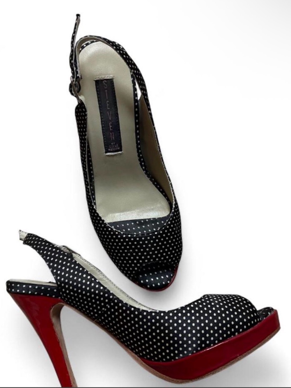 Steve Madden Black Polka Dot Peep-Toe Slingback Heels with Red Platform